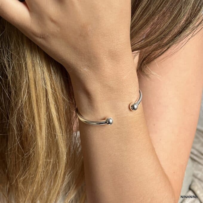 N1320h Bracelet jonc femme argent plaqué ouvert deux boules - Bijoux Bracelets joncs en ligne Ninanina