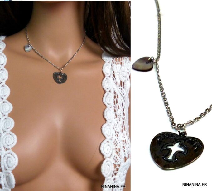N1351ter collier coeurs métal argent nacre