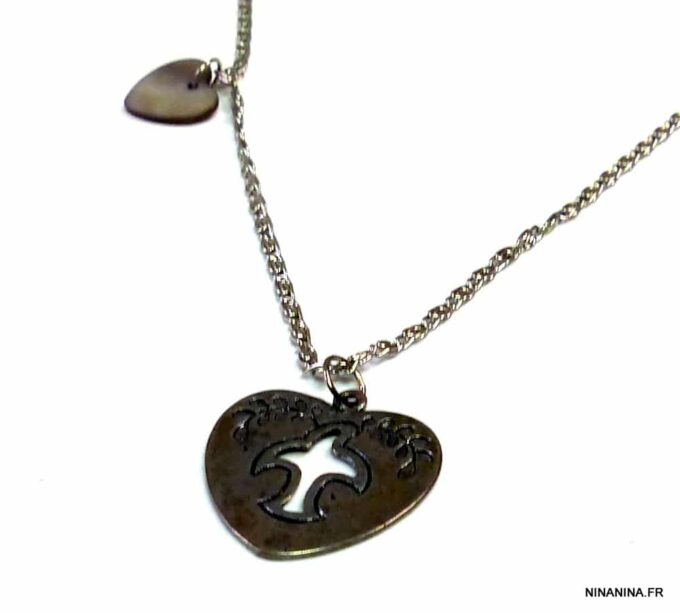 N1351tera collier coeurs métal argent nacre