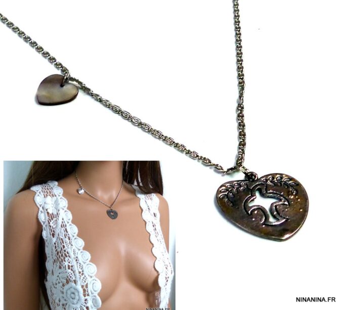 N1351terb collier coeurs métal argent nacre
