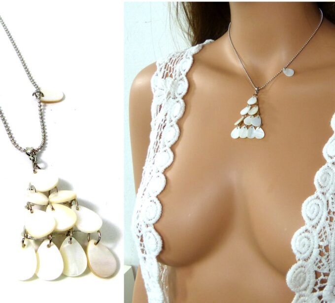 N1355TER collier goutte nacre blanche acier inoxydable