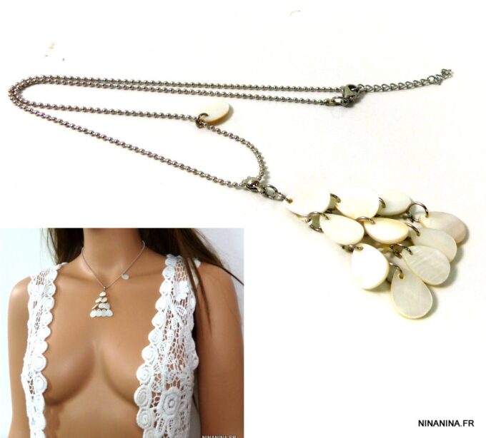 N1355TERc collier goutte nacre blanche acier inoxydable