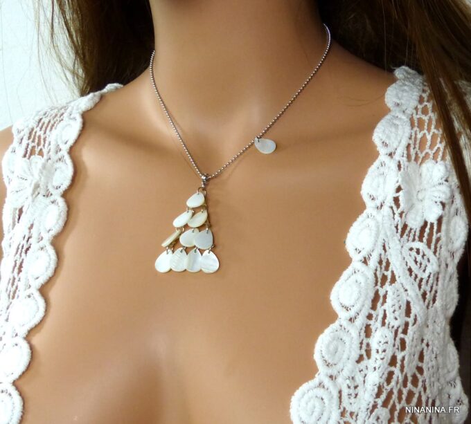 N1355TERj collier goutte nacre blanche acier inoxydable