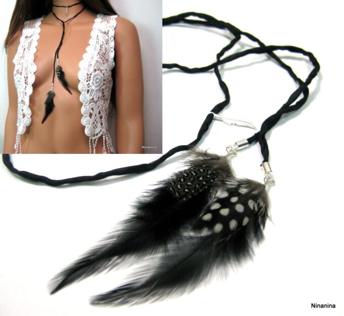 N1360ter collier cordon soie argent massif et plumes