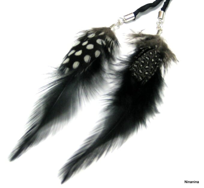 N1360tera collier cordon soie argent massif et plumes