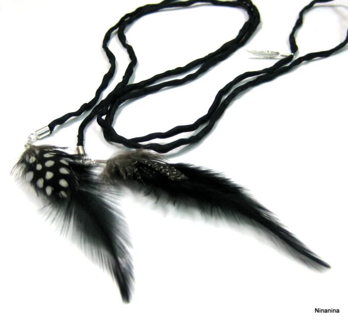 N1360terc collier cordon soie argent massif et plumes