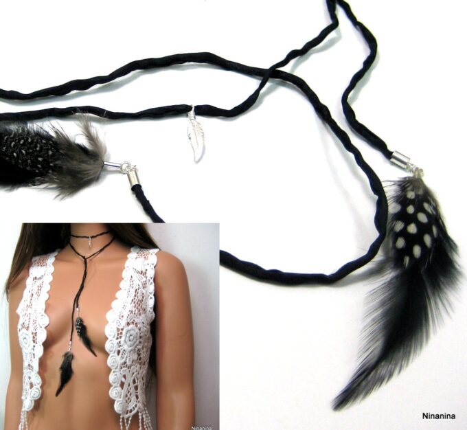 N1360terd collier cordon soie argent massif et plumes