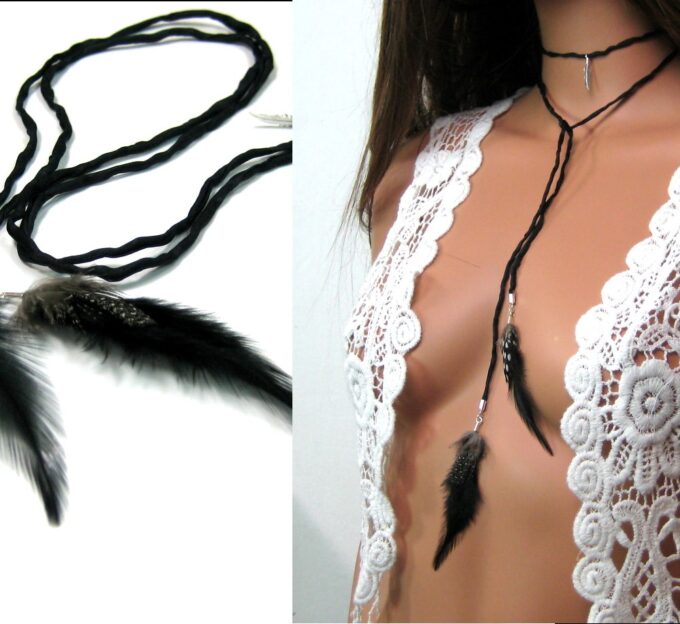 N1360tere collier cordon soie argent massif et plumes