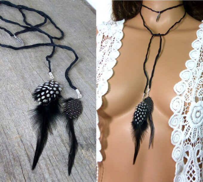 N1360terter Collier long cordon soie argent massif plumes