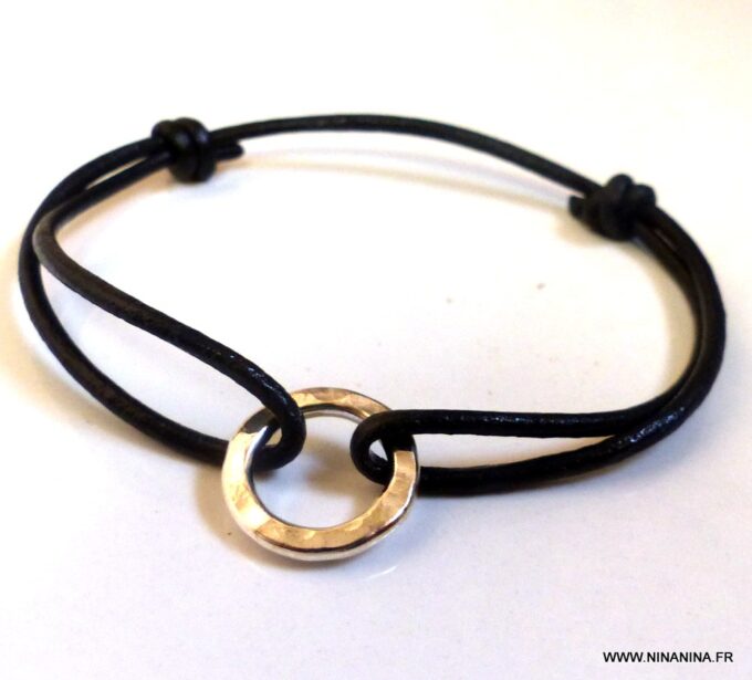N1363E Bracelet homme cordon cuir anneau argent massif NINANINA