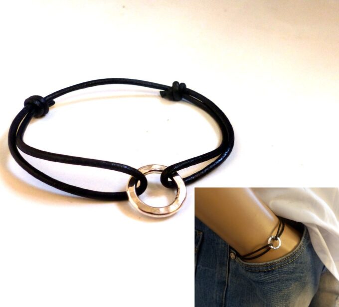 N1363G Bracelet homme cordon cuir anneau argent massif NINANINA