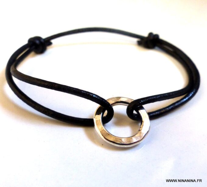 N1363K Bracelet homme cordon cuir anneau argent massif NINANINA