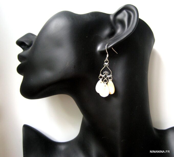 N1387b Boucles d'oreilles argent massif et nacre