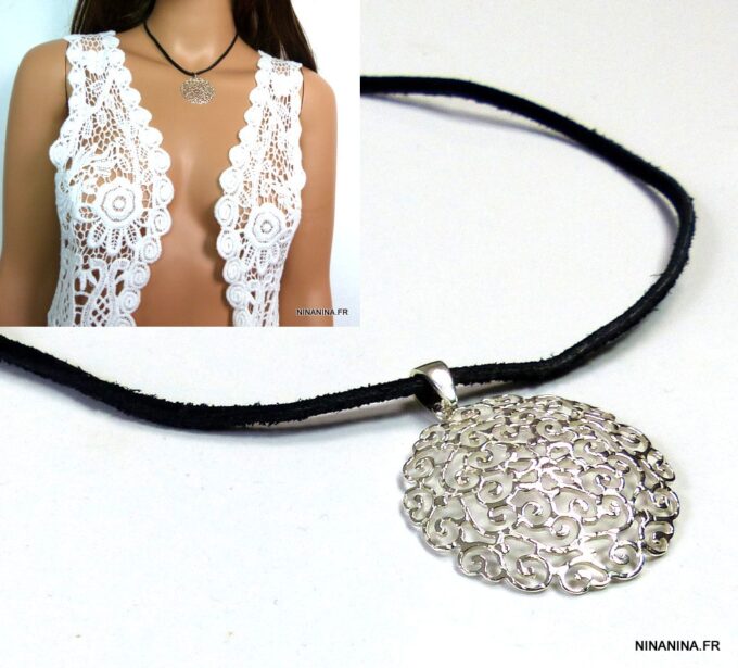 N1388teri collier cordon daim argent massif