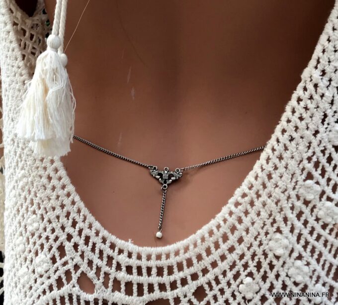 N1422a Chaine de taille Acier inoxydable perle blanche - Bijoux Chaines en ligne Ninanina