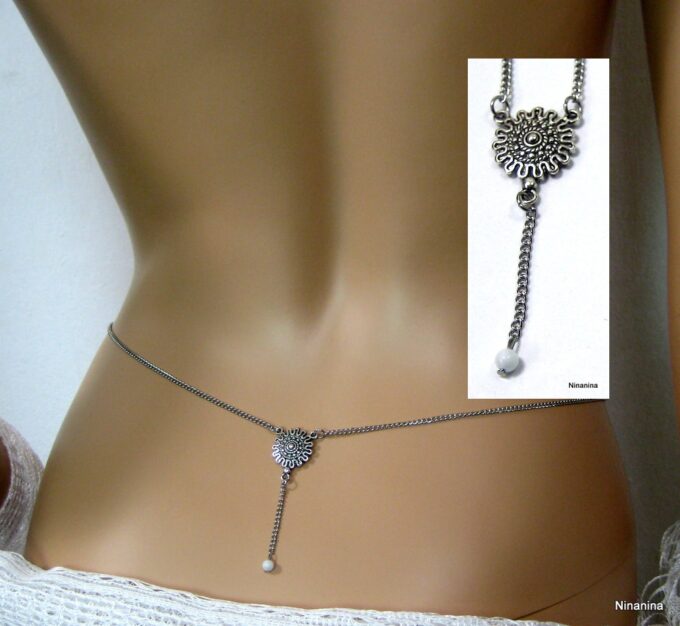 N1423ter chaine de taille métal argent et aiguemarine (2)