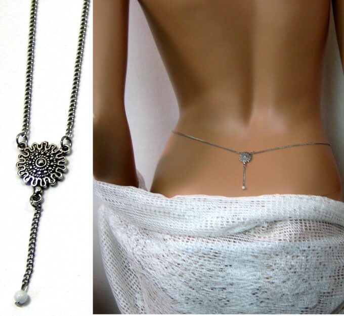 N1423ter chaine de taille métal argent et aiguemarine