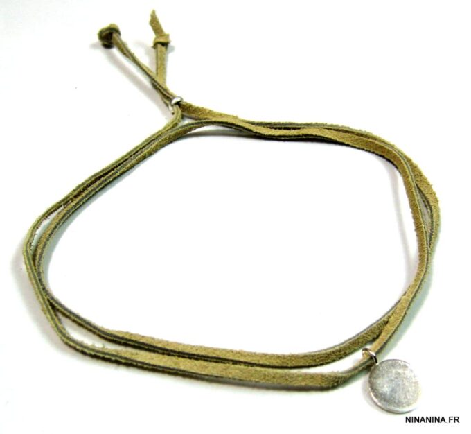 N1432terk collier cordon daim médaille argent massif