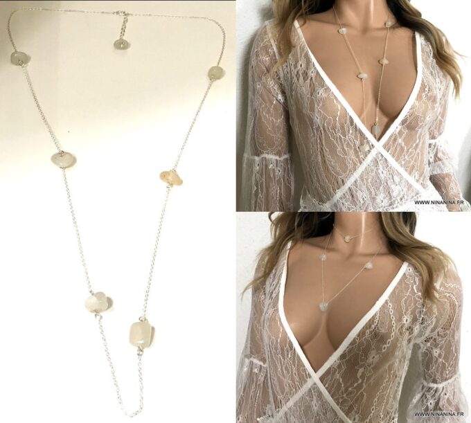 N1460 Sautoir perles blanches en verre sur chaine argent 925 femme - Bijoux Colliers en ligne Ninanina