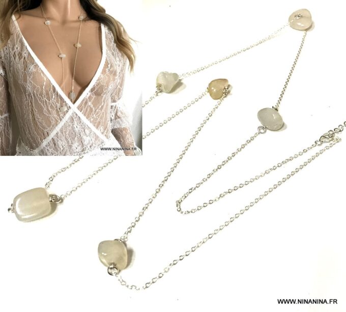 N1460c Sautoir perles blanches en verre sur chaine argent 925 femme - Bijoux Colliers en ligne Ninanina