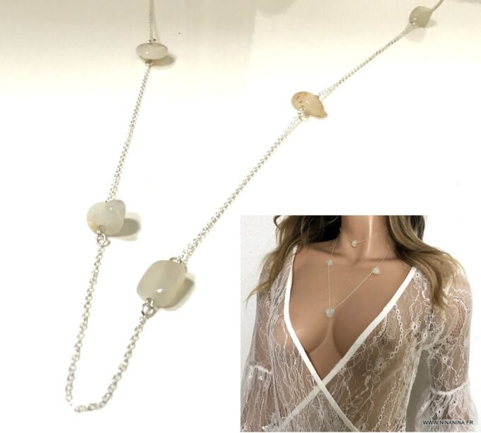 N1460j Sautoir perles blanches en verre sur chaine argent 925 femme - Bijoux Colliers en ligne Ninanina