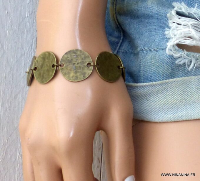 N1473b Bracelet femme disques métal bronze martelé - Bijoux Bracelets en ligne Ninanina