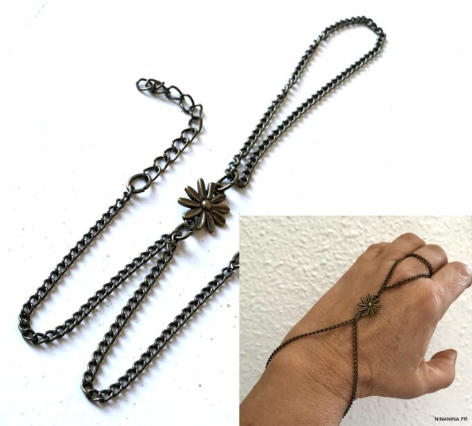 N1481terb Bracelet Bague - Chaine de main fantaisie fleur métal bronze - Bijoux Bracelets en ligne Ninanina