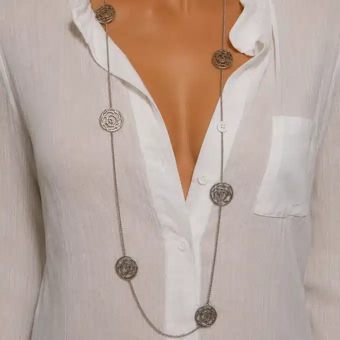 N1503b Collier sautoir femme rosaces argentées et chaine Acier inoxydable - Bijoux colliers femmes en ligne Ninanina