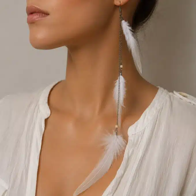 N1520b Boucles d’oreilles plumes rouges très longues femme - Bijoux d'oreille femmes en ligne Ninanina