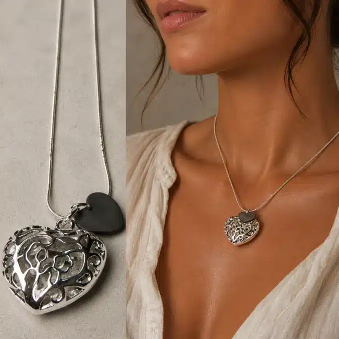 N1530 Collier femme pendentif coeur filigrané plaqué Argent et Nacre - Bijoux colliers femmes en ligne Ninanina