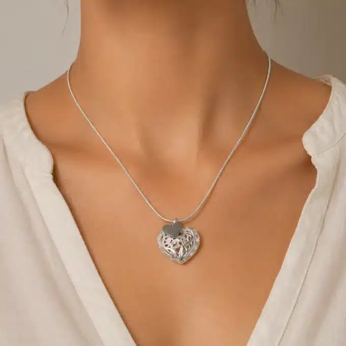 N1530b Collier femme pendentif coeur filigrané plaqué Argent et Nacre - Bijoux colliers femmes en ligne Ninanina