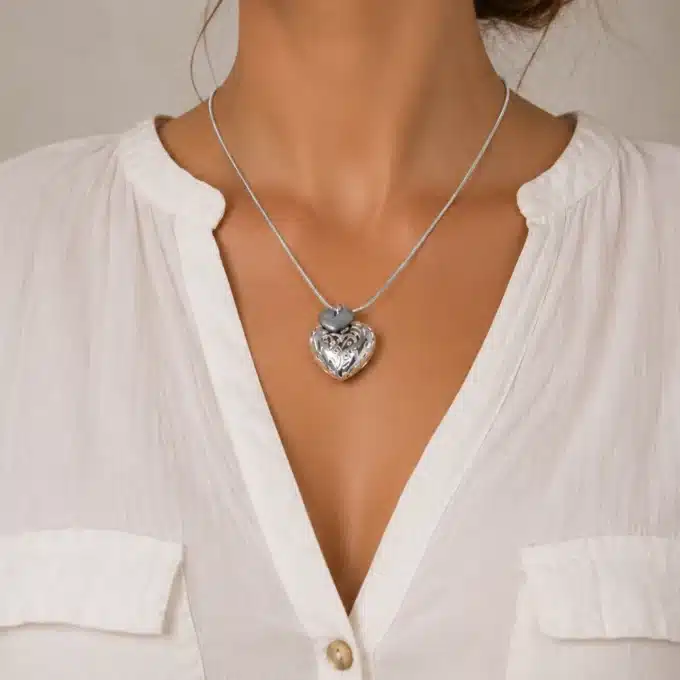 N1530c Collier femme pendentif coeur filigrané plaqué Argent et Nacre - Bijoux colliers femmes en ligne Ninanina