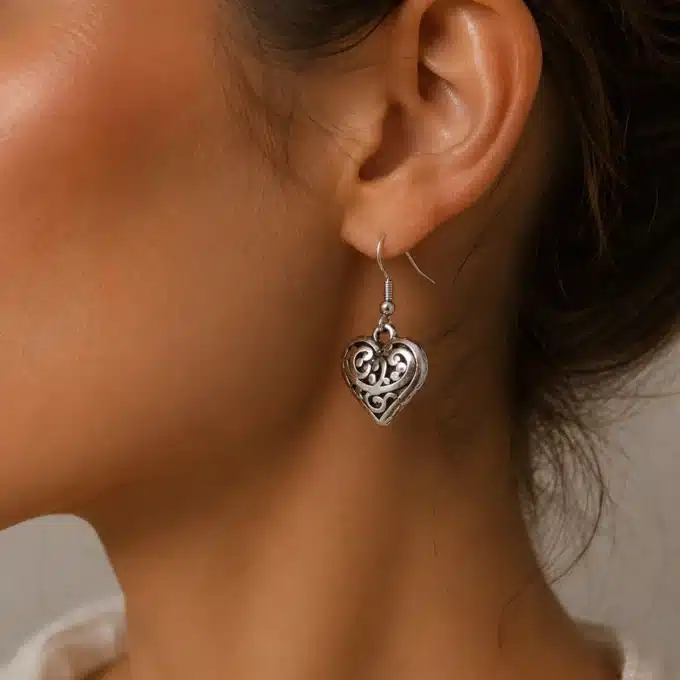N1563 Boucles D'oreilles femme pendentif coeur argenté filigrané - Bijoux d'oreille femmes en ligne Ninanina