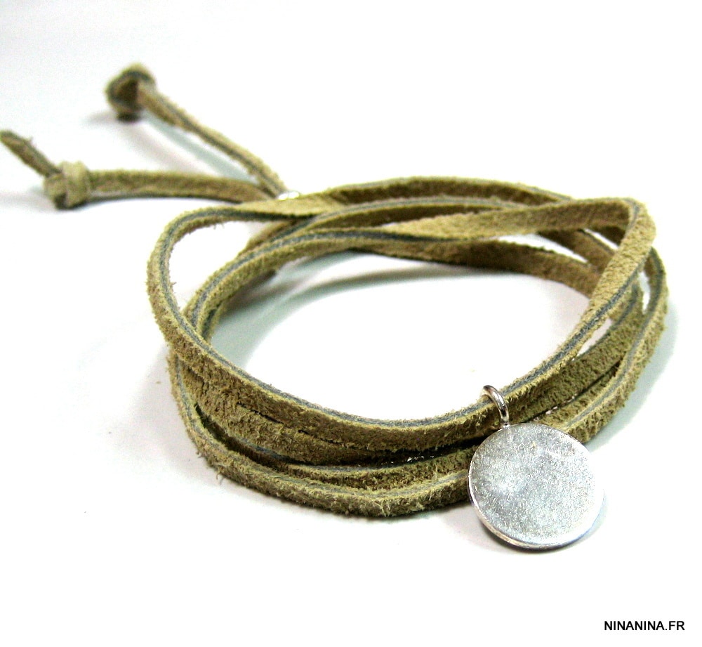 Bracelet multi tours femme médaille Argent 925 cordon daim – Image 4