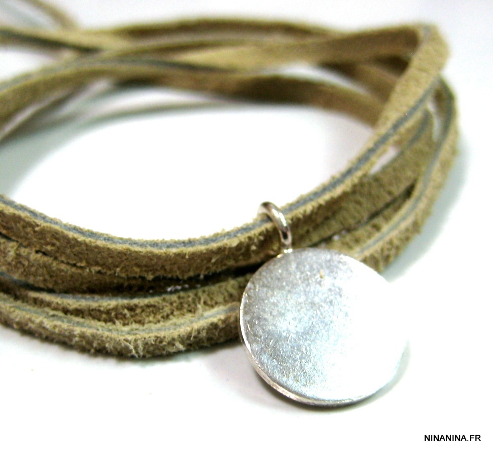 Bracelet multi tours femme médaille Argent 925 cordon daim – Image 2