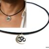 N1581f Collier OHM homme cordon Cuir noir artisanal avec médaille ronde Argent 925 massif - Bijoux zen en ligne Ninanina