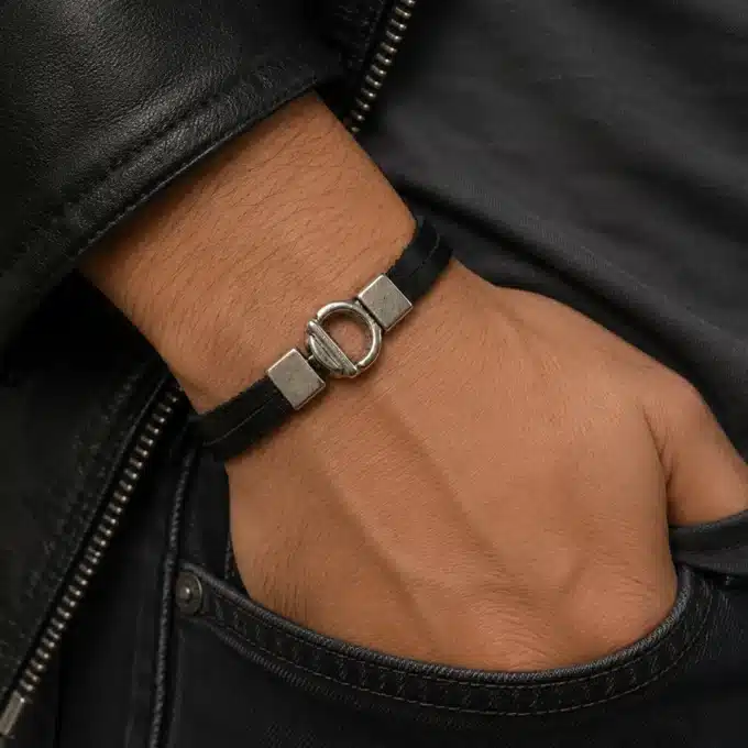 N1600 Bracelet homme cuir fermoir rond argenté original - Bijoux bracelets hommes en ligne Ninanina