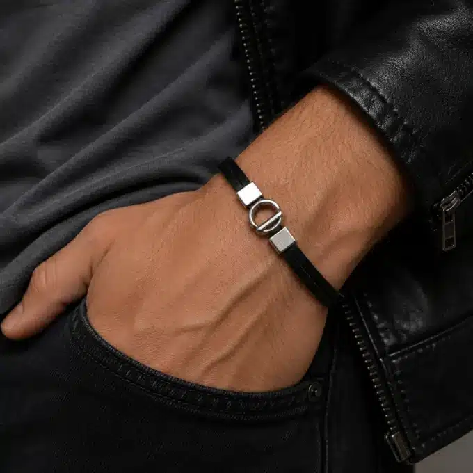 N1600b Bracelet homme cuir fermoir rond argenté original - Bijoux bracelets hommes en ligne Ninanina