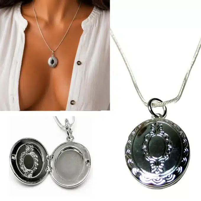 N1607BC Collier femme pendentif ovale porte photo plaqué Argent - Bijoux colliers femmes en ligne Ninanina