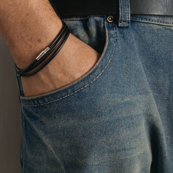 N1657a Bracelet 3 Tours Cuir Artisanal Pour Homme Avec Fermoir Aimanté En Acier Inox - Bijoux Bracelets hommes en ligne Ninanina