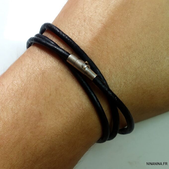 N1657b Bracelet 3 Tours Cuir Artisanal Pour Homme Avec Fermoir Aimanté En Acier Inox - Bijoux Bracelets hommes en ligne Ninanina