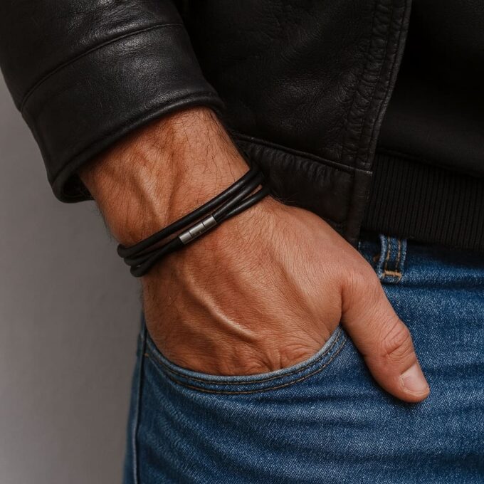 N1657C Bracelet 3 Tours Cuir Artisanal Pour Homme Avec Fermoir Aimanté En Acier Inox - Bijoux Bracelets hommes en ligne Ninanina