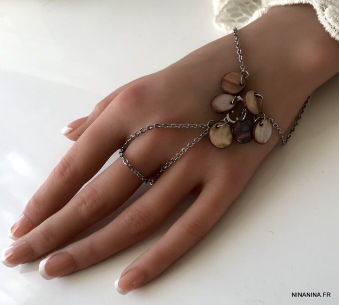 N1664 Chaîne de main gitan nacre et acier inoxydable argent - Bijoux Bracelets femmes en ligne Ninanina