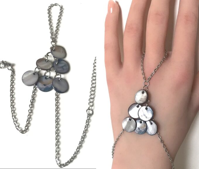 N1664 Chaîne de main gitan nacre et acier inoxydable argent - Bijoux de main en ligne Ninanina