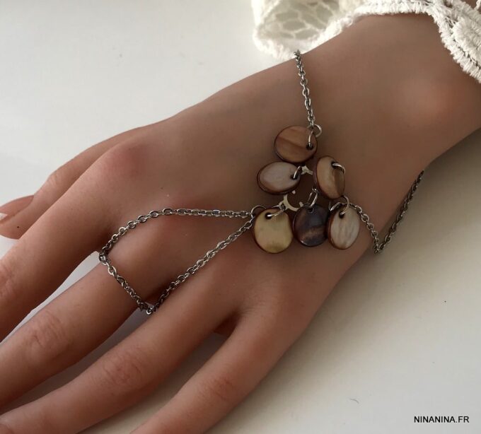 N1664a Chaîne de main gitan nacre et acier inoxydable argent - Bijoux Bracelets femmes en ligne Ninanina