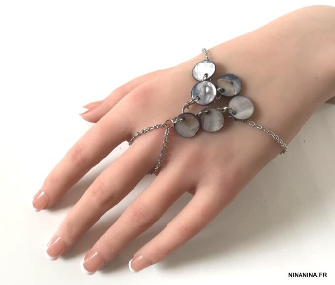 N1664b Chaîne de main gitan nacre et acier inoxydable argent - Bijoux de main en ligne Ninanina