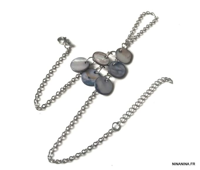 N1664c Chaîne de main gitan nacre et acier inoxydable argent - Bijoux de main en ligne Ninanina