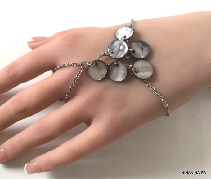N1664d Chaîne de main gitan nacre et acier inoxydable argent - Bijoux de main en ligne Ninanina