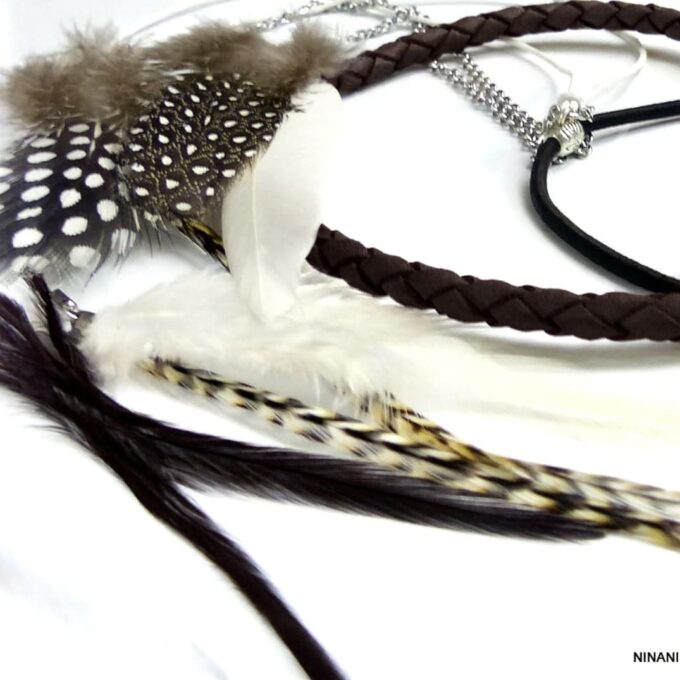 N1674 Bandeau de tete Boheme Chic Cordon Cuir Tressé Et Plumes Naturelles - Accessoires de coiffure boheme chic en ligne Ninanina