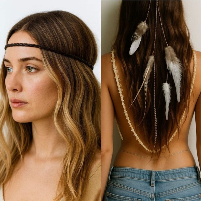 N1674a Bandeau de tete Boheme Chic Cordon Cuir Tressé Et Plumes Naturelles - Accessoires de coiffure boheme chic en ligne Ninanina